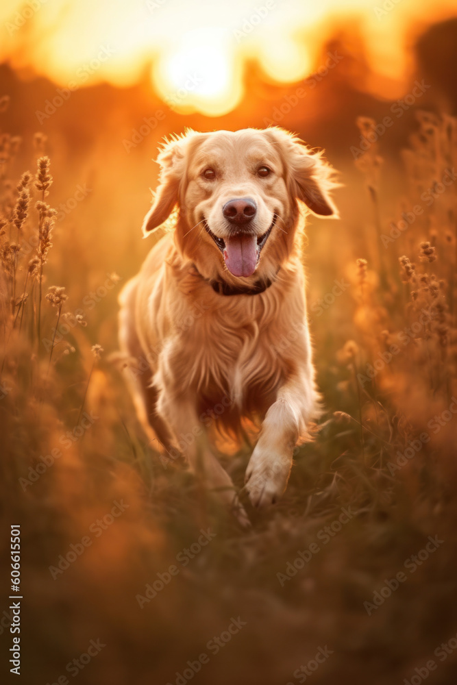 Golden retriever dog running towards the camera