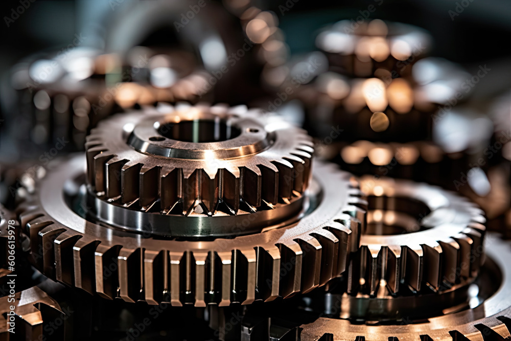 several gears in the center of an industrial machine shop, with focus on the gear and details that make it seem to be. Generative Ai several gears in the center of an industrial machine shop, with focus on the gear and details that make it seem to be. Generative Ai