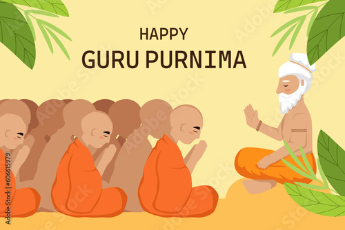 flat design happy guru purnima background illustration with monks