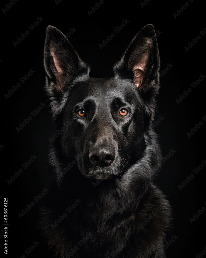 studio portrait of a German shephard looking forward against a light gray background