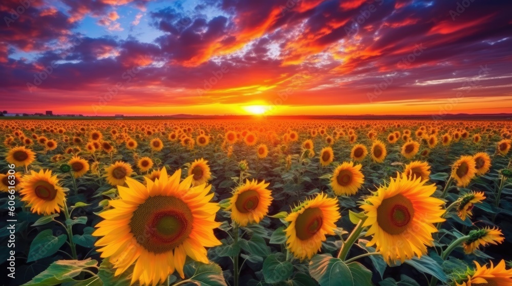 Obraz premium beautiful twilight sky over a sunflower field. generative ai