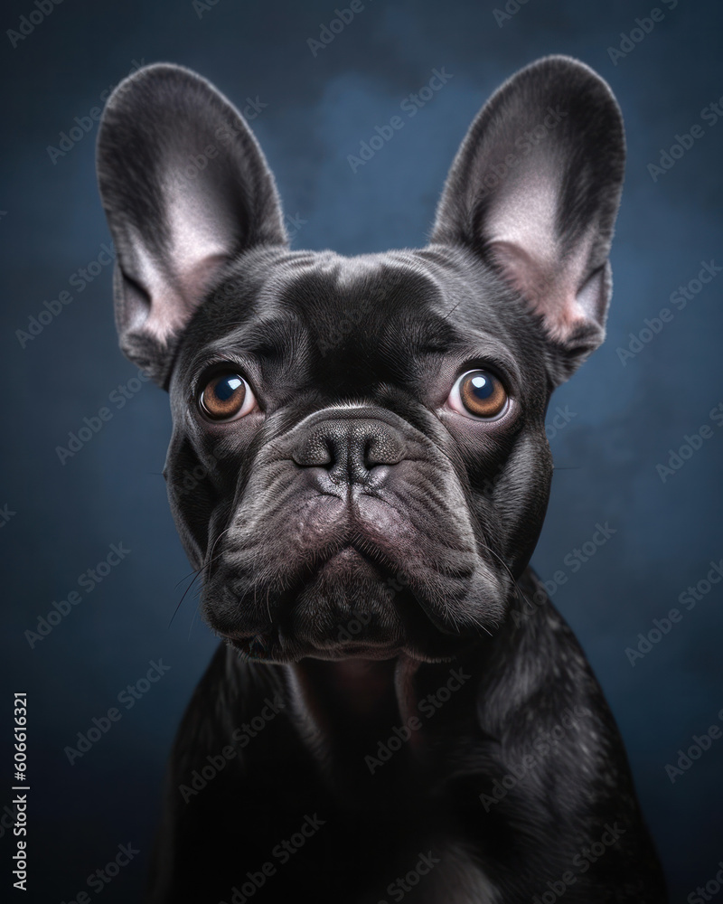studio portrait of a french bulldog  looking forward against a light gray background