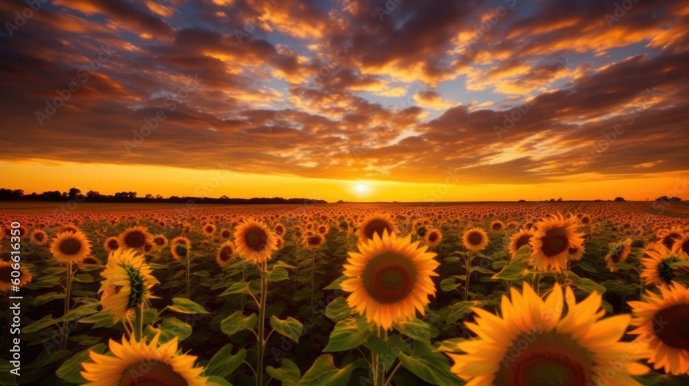 beautiful twilight sky over a sunflower field. generative ai