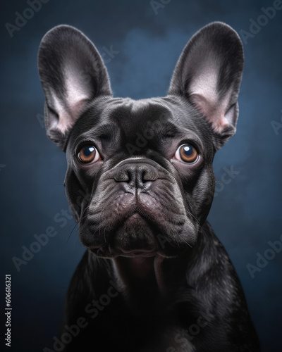 studio portrait of a french bulldog looking forward against a light gray background
