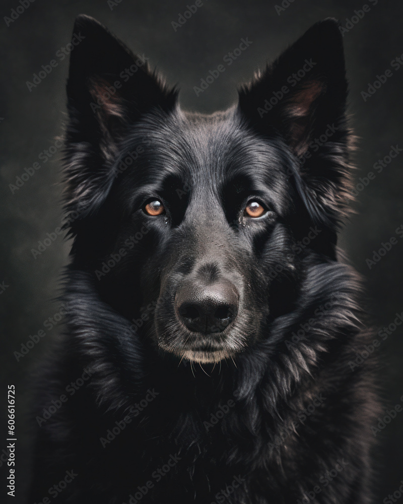 studio portrait of a german shephard looking forward against a light gray background