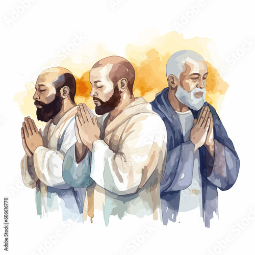 Watercolor vector illustration prayer, priest, nun, bible, disciples illustration series