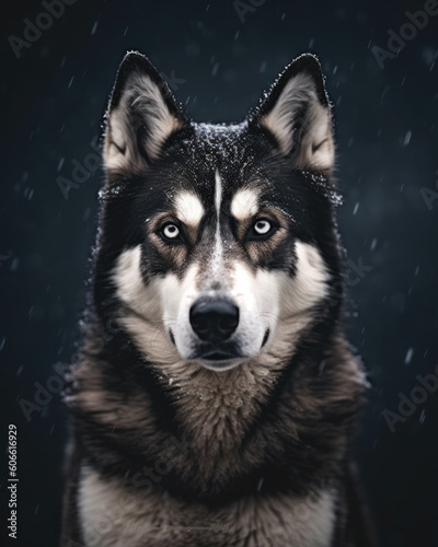 studio portrait of a Siberian husky dog looking forward against a dark gray background