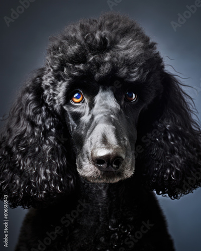 studio portrait of a Poodle looking forward against a light gray background