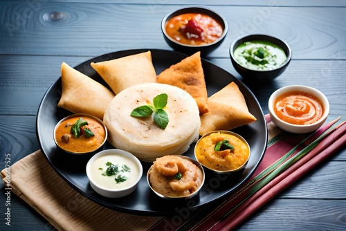 Assorted indian food set on wooden background. Dishes and appetisers of indeed cuisine, rice, lentils, Generated by AI