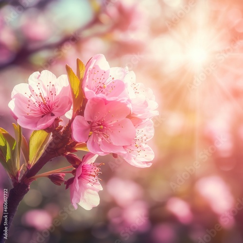 Spring border or background art with pink blossom. Beautiful nature scene with blooming tree and sun flare.