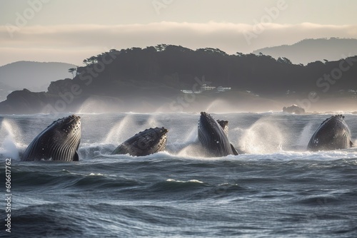 A group of humpback whales breaching out of the ocean with a coastal landscape in the background. © MdImam