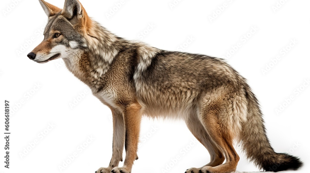 A lone coyote Coyote isolated on white background w in the winter snow in Canada.