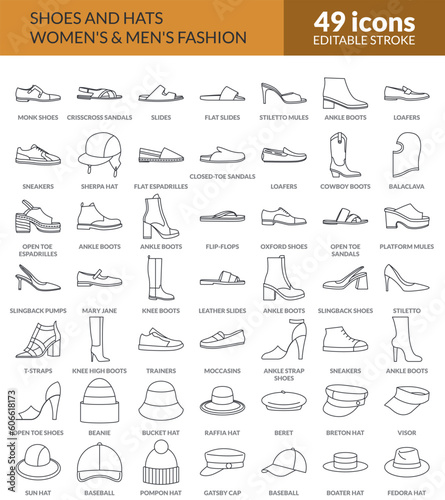 Big set of isolated Shoes and hats vector line icons.