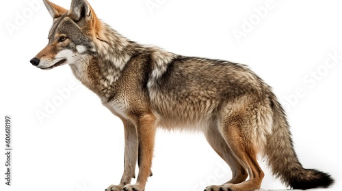 A lone coyote Coyote isolated on white background w in the winter snow in Canada.