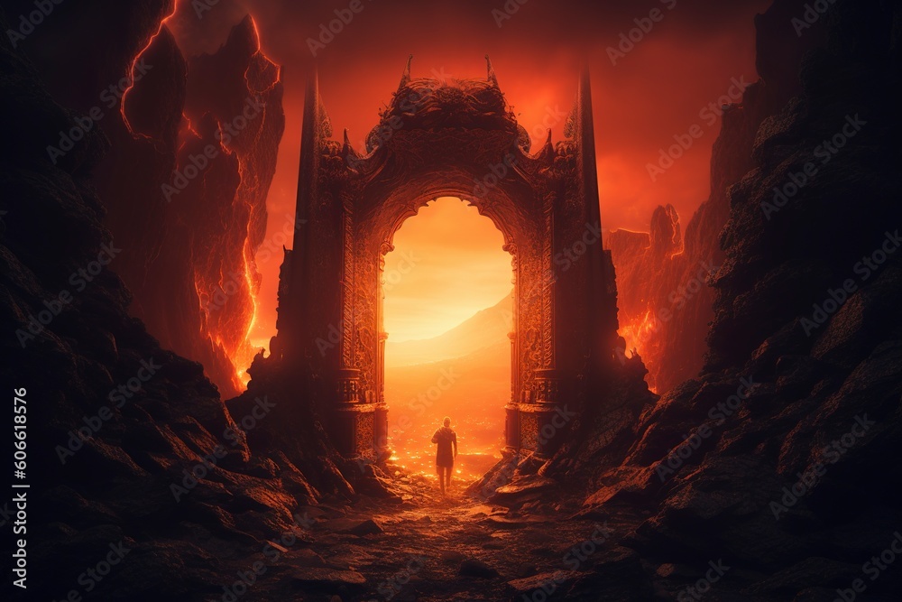 Illustration of sinful curse hell gate with smoke and flame. - obrazy, fototapety, plakaty 