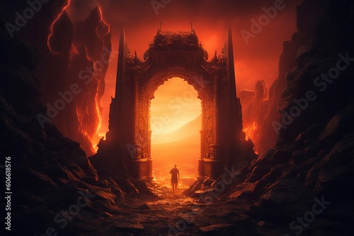 Illustration of sinful curse hell gate with smoke and flame.