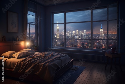 Illustration of luxury penthouse bedroom at night