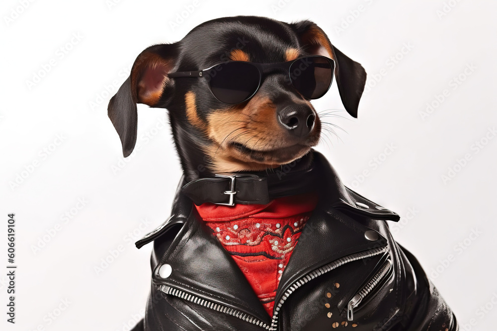 portrait of a black dog with sunglasses dressed in a leather jacket