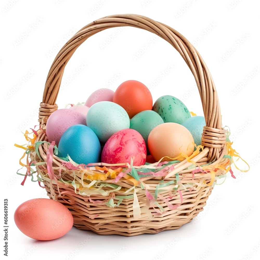  Easter basket filled with colorful eggs isolated on white background
