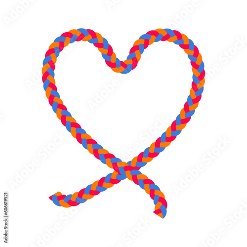 Red,orange,blue nautical rope heart. Valentine day lasso love heart symbol. Vector illustration.