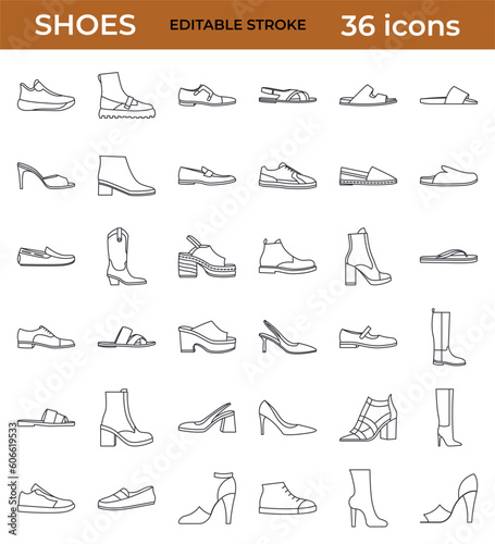 Big set of isolated Shoes for women. Vector line icons.