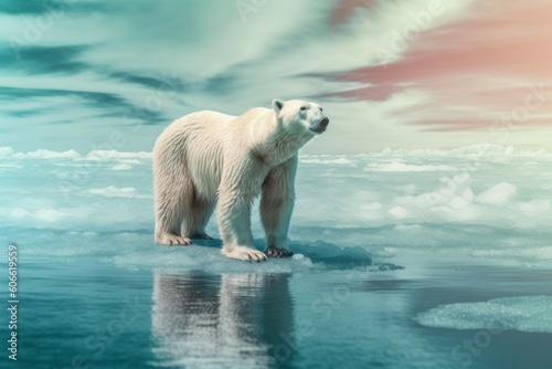 Polar bear on a melting ice floe. Climate change concept. AI generated, human enhanced.