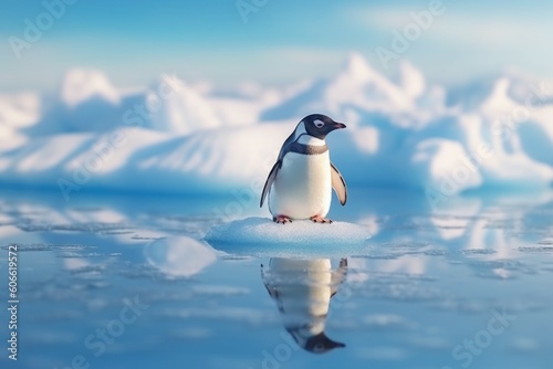 A lone penguin on a melting ice floe. Climate change concept. AI generated  human enhanced