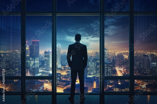 A businessman in a skyscraper office enjoys the views of the city lights at night. Man from the back. AI generated