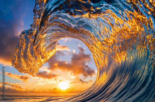 Colorful wave in ocean. Sea water in crest shape. Sunset light and beautiful clouds in background