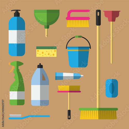 Set of household cleaning tools and toiletries icons. vector flat illustration design
