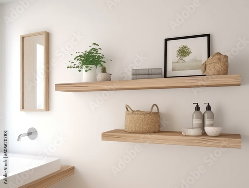 Design scandinavian interior of living room with wooden console, rings on the wall, mock up poster frame, flowers in vase and elegant personal accessories. © STORYTELLER