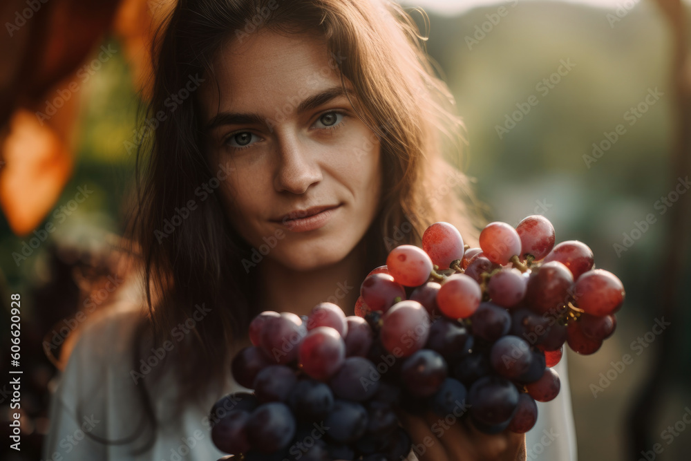 Φωτογραφία Close-up portrait of a woman holding a bunch of grapes with a vineyard in the ba