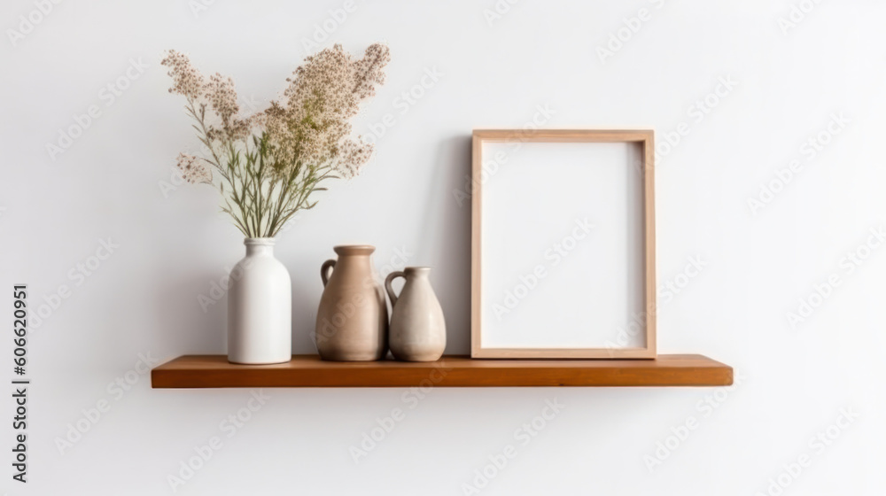 Design scandinavian interior of living room with wooden console, rings on the wall, mock up poster frame, flowers in vase and elegant personal accessories.