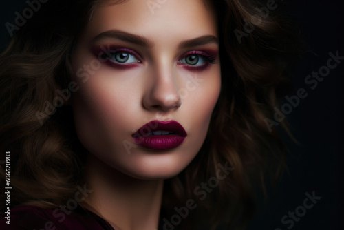 Close-up portrait of a woman with a mulberry-colored lipstick and a mysterious gaze  generative ai