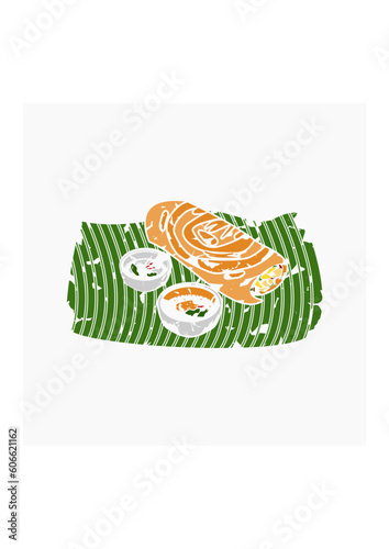 Editable Brush Strokes Style Top Side View Indian Masala Dosa With Chutney and Sambar on Banana Leaf Vector Illustration for Artwork of Cuisine Related Design With South Asian Culture and Tradition