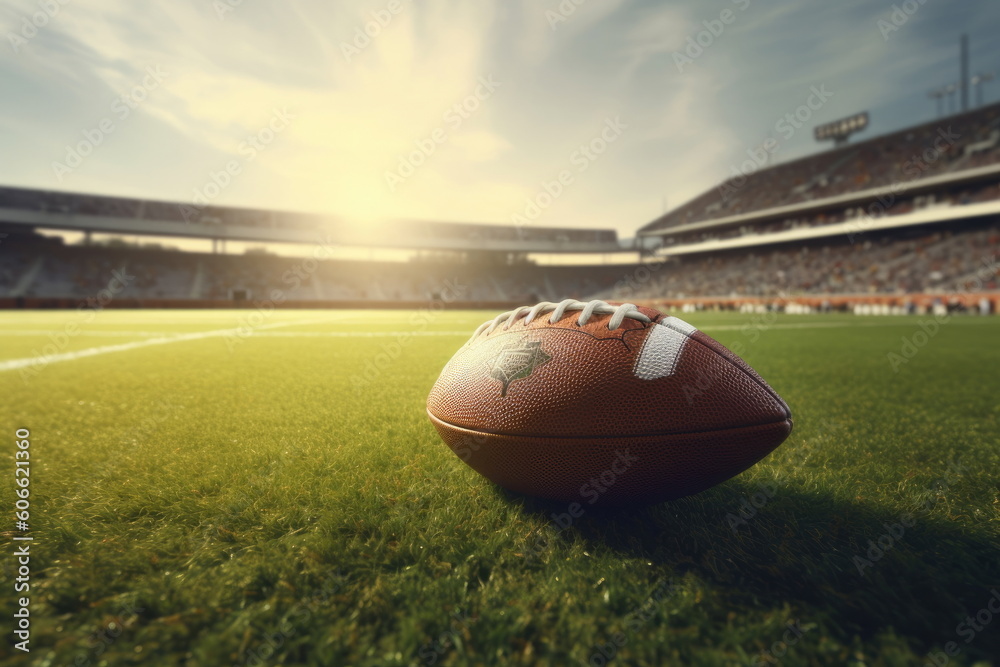 nfl, ball on ground with american football stadium, wide angle nfl, ball on ground with american football stadium, wide angle