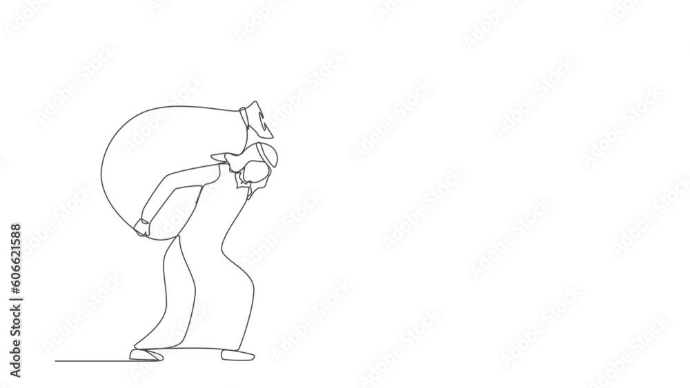 Animated self drawing of continuous line draw Arab businessman carrying big heavy money bag on back. Financial problem, taxation burden or business debt, deadline. Full length one line animation Animated self drawing of continuous line draw Arab businessman carrying big heavy money bag on back. Financial problem, taxation burden or business debt, deadline. Full length one line animation