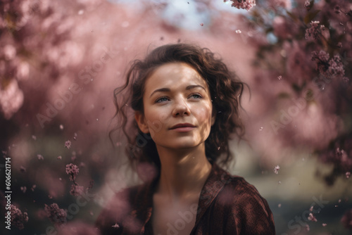 Gorgeous portrait of a woman surrounded by sloe blossom trees, with delicate pink petals falling all around her, generative ai