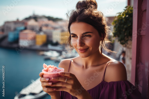 Gorgeous portrait of a woman indulging in an Acai berry sorbet with a picturesque seaside town in the background, generative ai