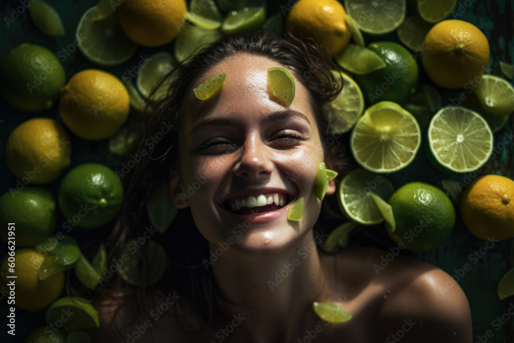 Joyful portrait of a woman surrounded by lime slices, with a playful mood and cheerful expression on her face, generative ai