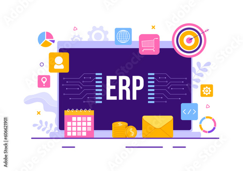 ERP Enterprise Resource Planning System Vector Illustration with Business Integration, Productivity and Company Enhancement in Hand Drawn Templates