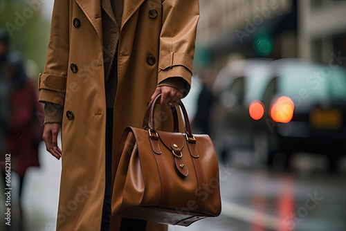 a woman walking down the street with a brown bag in her hand, wearing a tan trench coat and black pants. Generative Ai photo