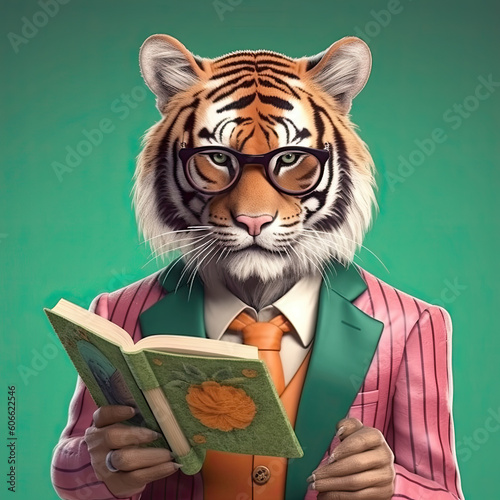 a tiger in a suit and tie reading a book with glasses on it's face stock photo - 1366971. Generative Ai