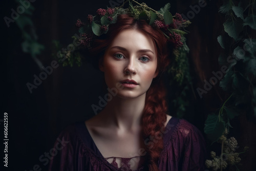 Portrait of a graceful woman with a mulberry-hued dress and a wreath of fresh mulberry branches in her hair, generative ai