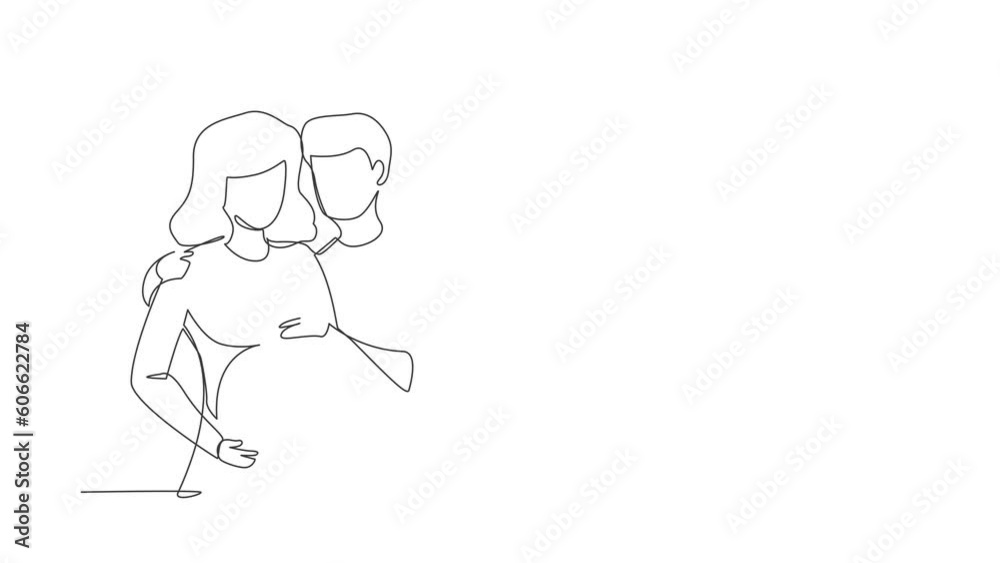 Animated self drawing of continuous line draw flat illustration about pregnancy and partner birth. Young pregnant woman with husband. Man takes care and hugs his wife. Full length one line animation Animated self drawing of continuous line draw flat illustration about pregnancy and partner birth. Young pregnant woman with husband. Man takes care and hugs his wife. Full length one line animation