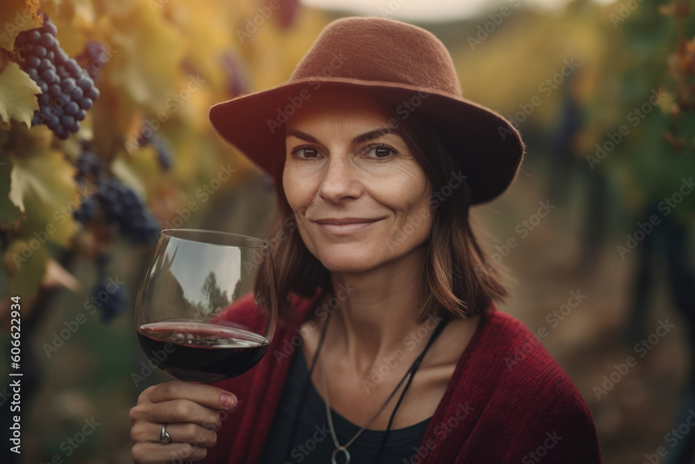 Portrait of a woman holding a glass of red wine in one hand and a grape in the other, with vineyard scenery in the background, generative ai