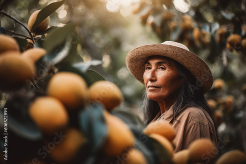 Portrait of a woman in a lush orchard surrounded by ripe sapodilla fruit, reflecting the fruit's connection to nature and its natural habitat, generative ai photo