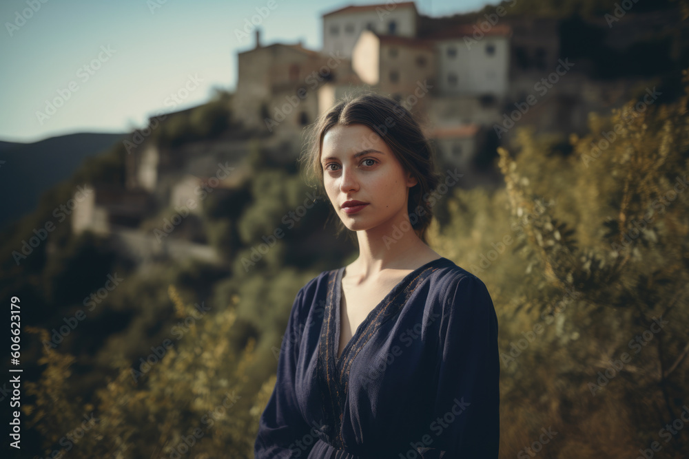 Fototapeta premium Portrait of a woman wearing a bilberry-colored dress with a picturesque village setting in the background, generative ai