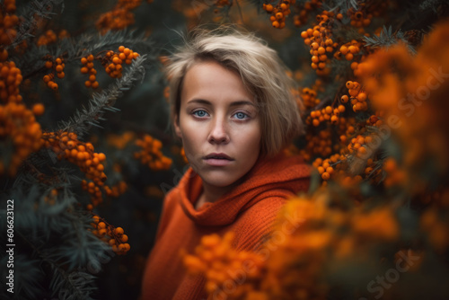 Portrait of a woman surrounded by sea buckthorn bushes, with a dreamy expression on her face, generative ai