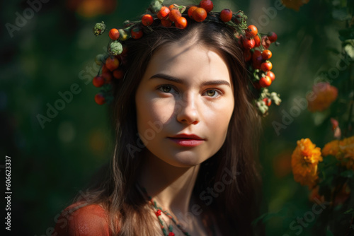 Portrait of a woman with a glowing complexion and a garland of fresh goumi berries around her head  standing in a blooming garden  generative ai